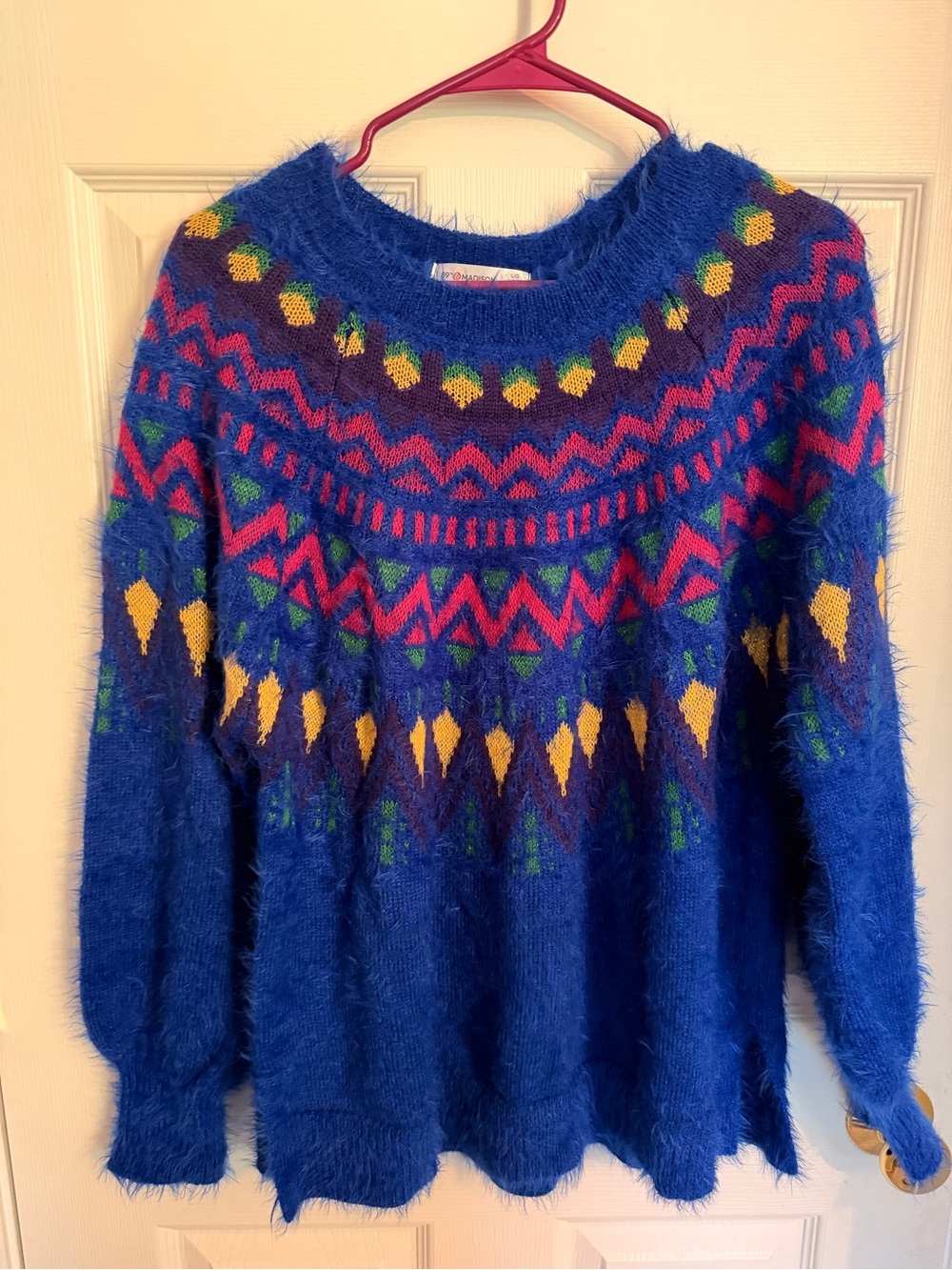 89th & Madison Royal Blue Fuzzy Fair Isle Sweater with Pink & Yellow Accents